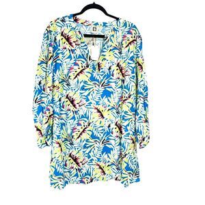 Anne Klein Womens 3X Linen Blend Top Tropical Island Resort NWT
